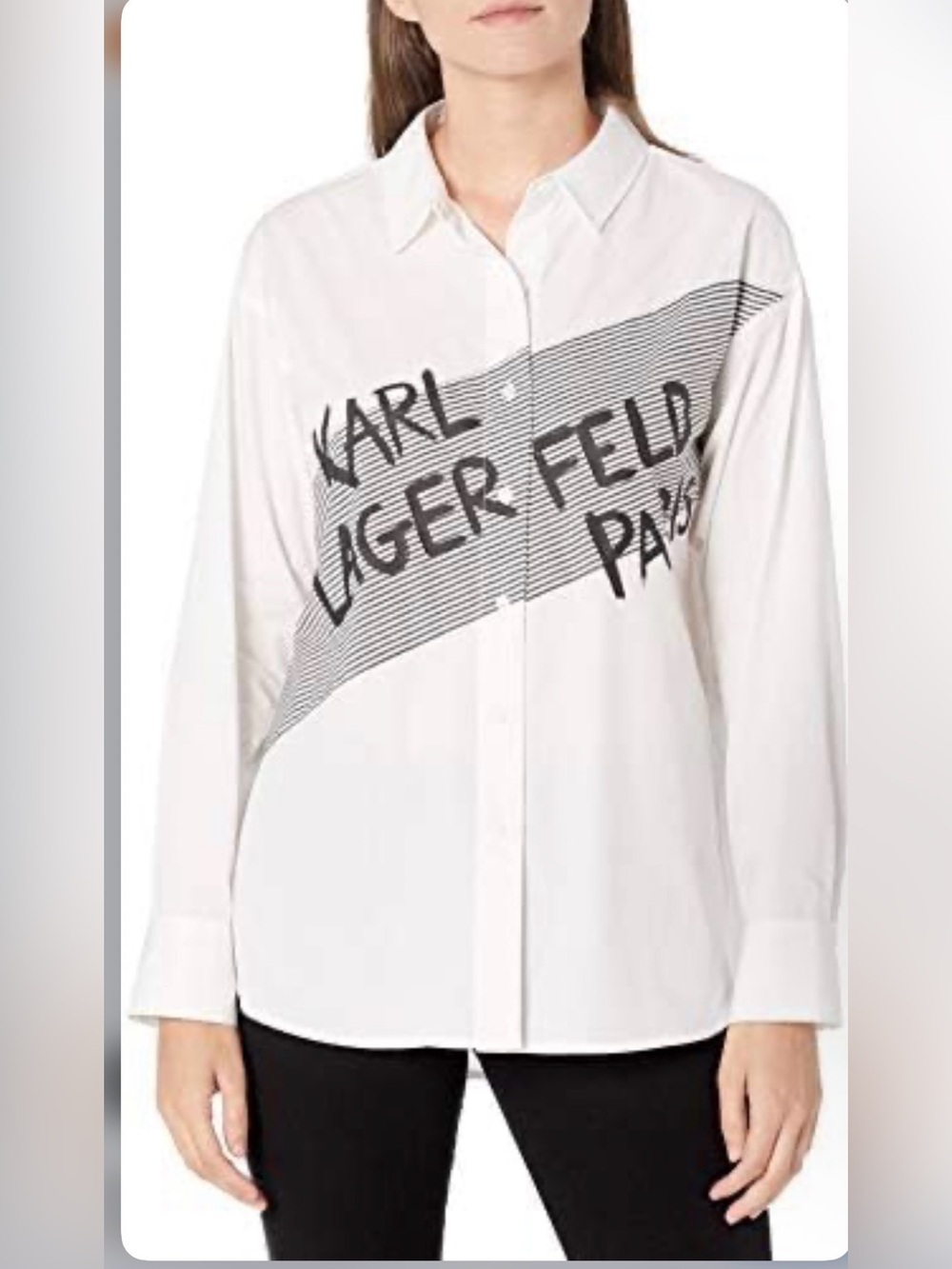 Karl Lagerfeld White 100% cotton Button-Down Shirt with Black Diagonal Graphic - Picture 1 of 5